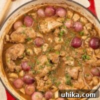 A cast iron pan filled with boneless chicken thighs braised in red wine with bacon, thyme, mushrooms, and pearl onions.