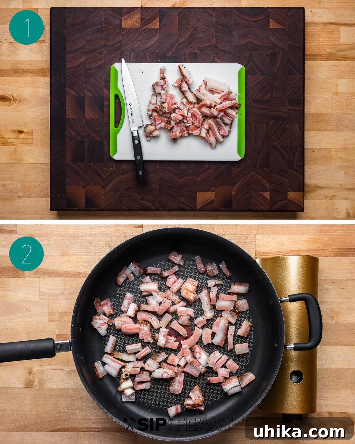 Roman Rigatoni with Cured Pork Cheek and Pecorino Cheese 4 Rigatoni alla gricia recipe process shot collage group number one, showing guanciale preparation.