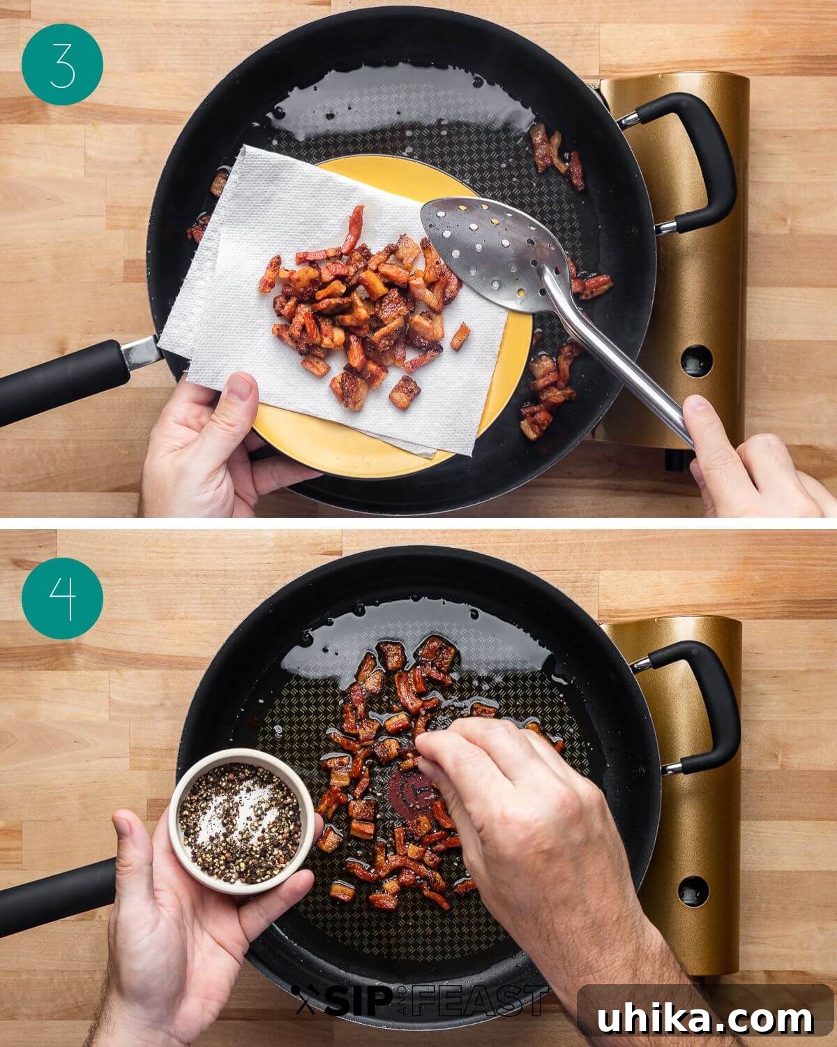 Roman Rigatoni with Cured Pork Cheek and Pecorino Cheese 5 Recipe process shot collage group number two, showing guanciale rendering.