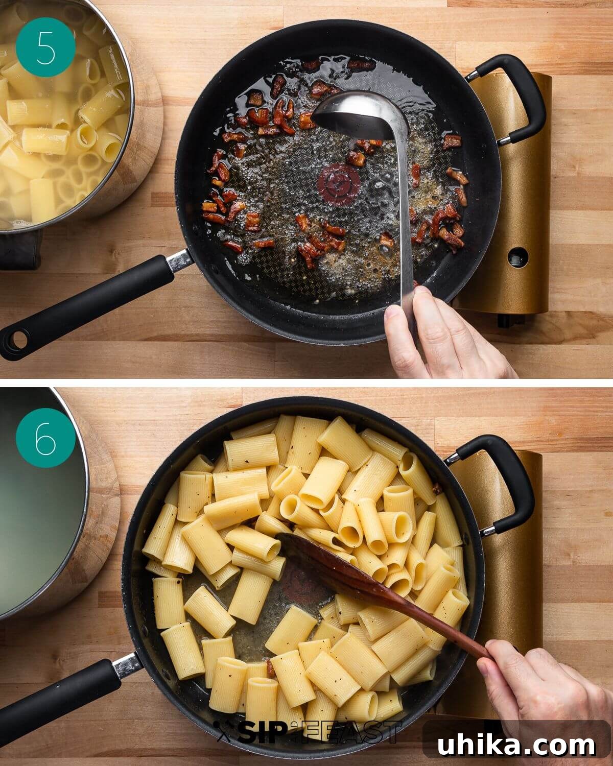 Roman Rigatoni with Cured Pork Cheek and Pecorino Cheese 6 Recipe process shot collage group number three, showing pasta cooking in pan with guanciale fat.