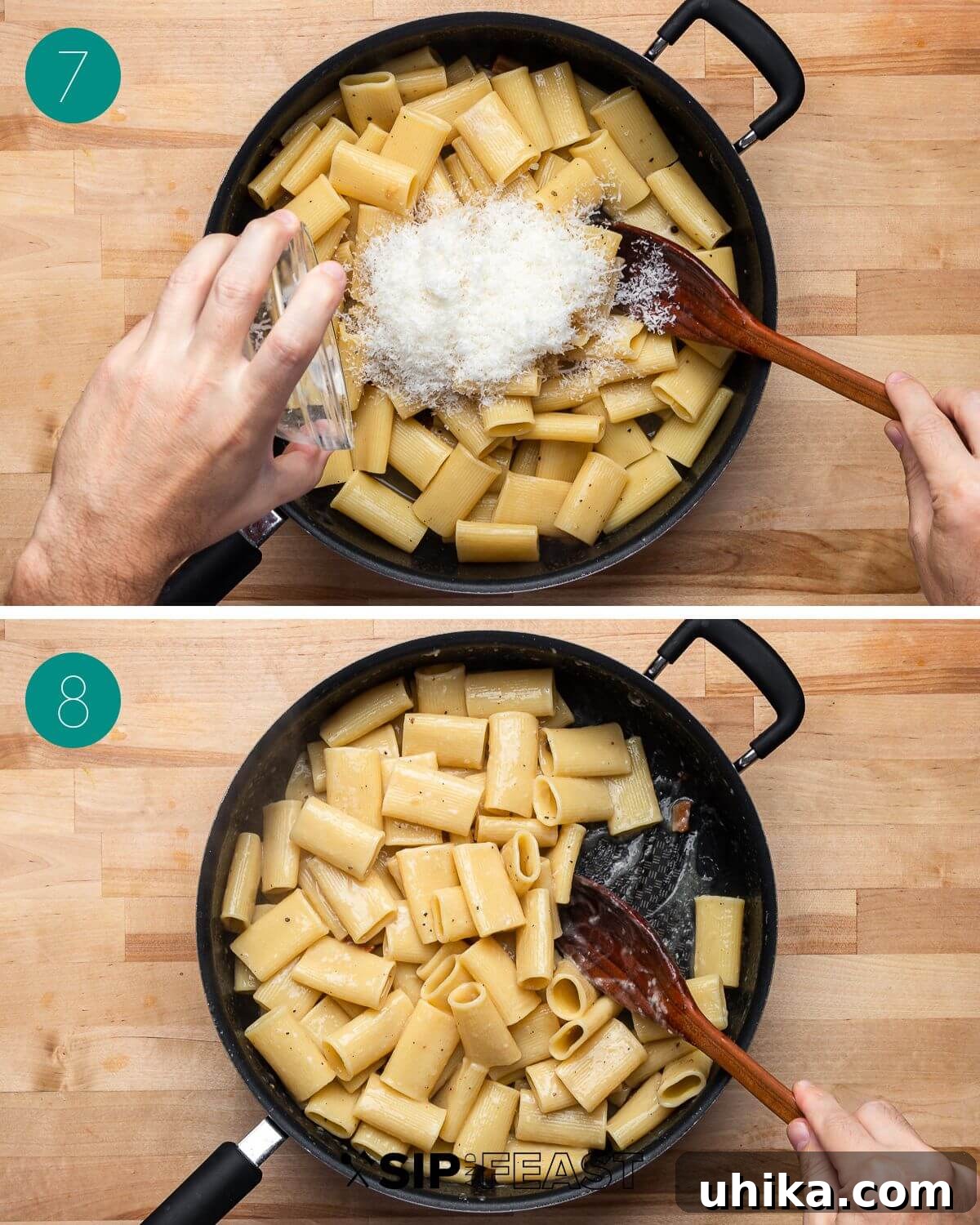 Roman Rigatoni with Cured Pork Cheek and Pecorino Cheese 7 Recipe process shot collage group number four, showing Pecorino Romano being added and mixed.