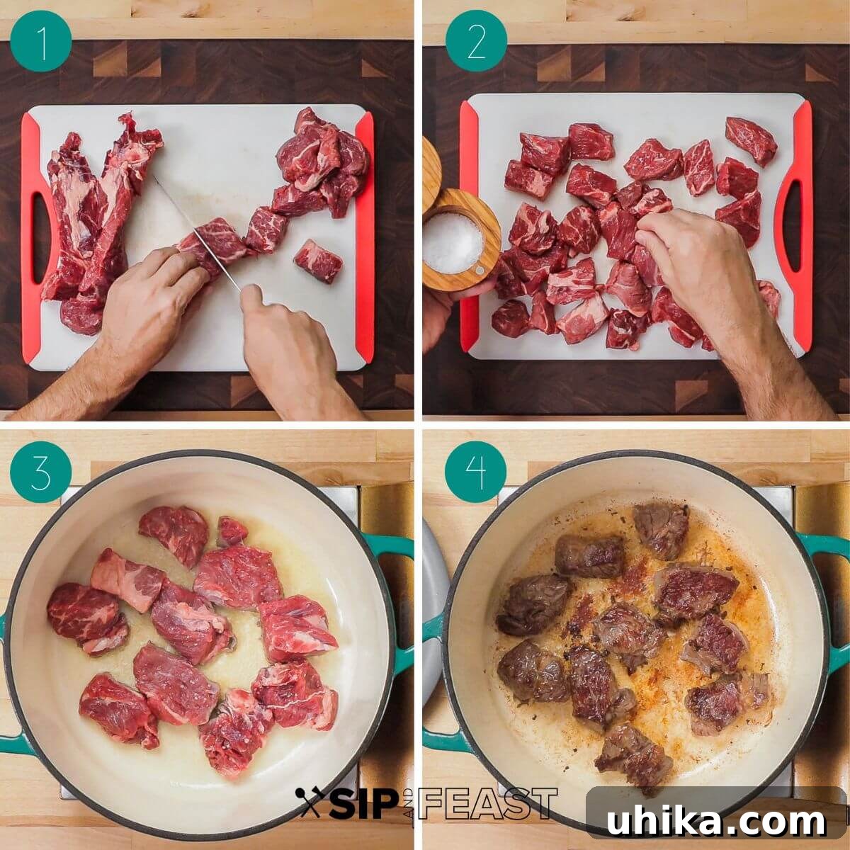 Tuscan Peppery Beef 4 A collage of three process shots showing the initial steps of making Peposo: beef chuck being cut and seasoned, then seared in a Dutch oven until browned on all sides.
