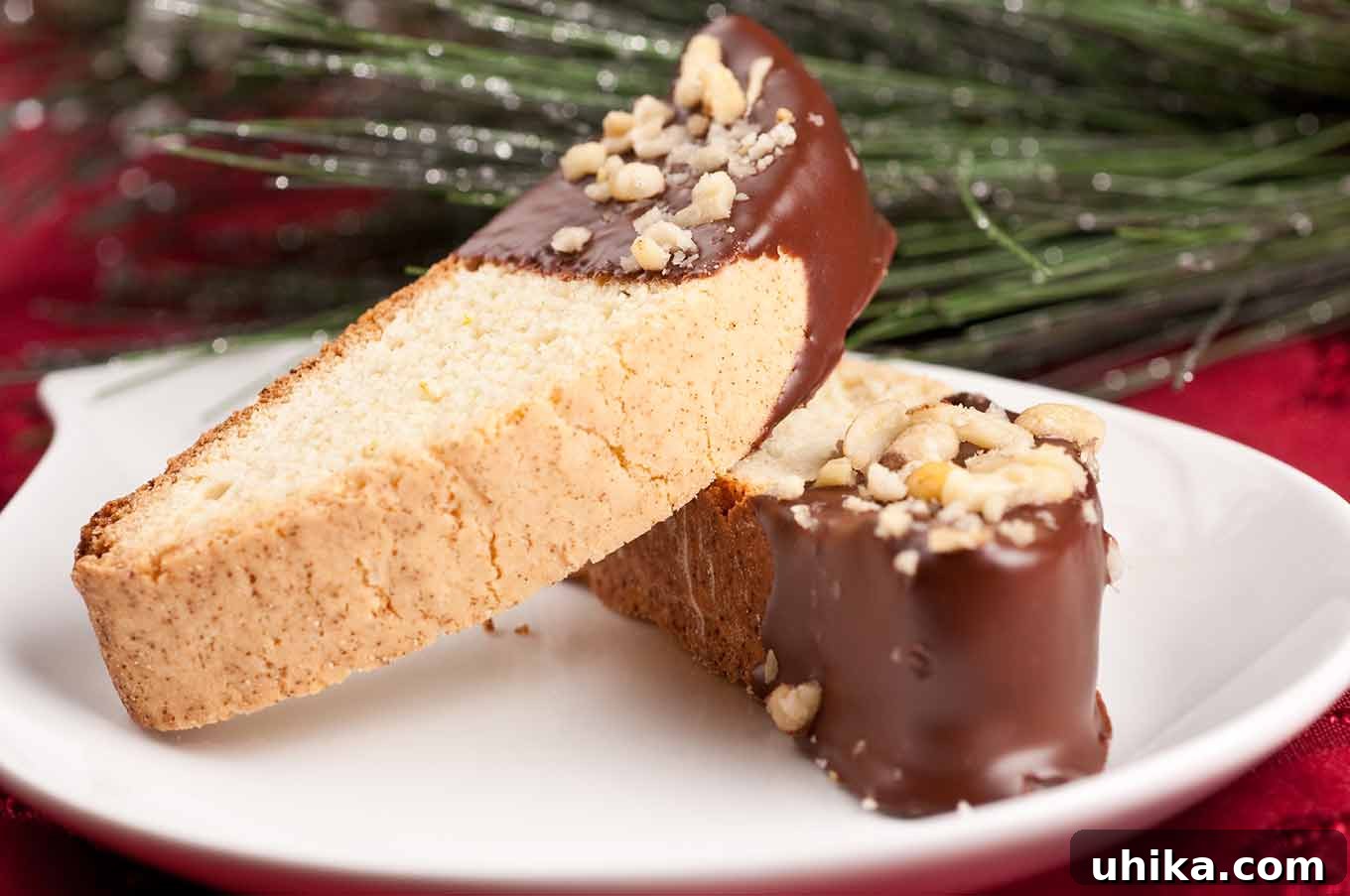 Zesty Butter Biscotti: A Double Treat 7 A side view of chocolate-dipped biscotti rolled in chopped pine nuts, arranged on a plate with a red tablecloth background.
