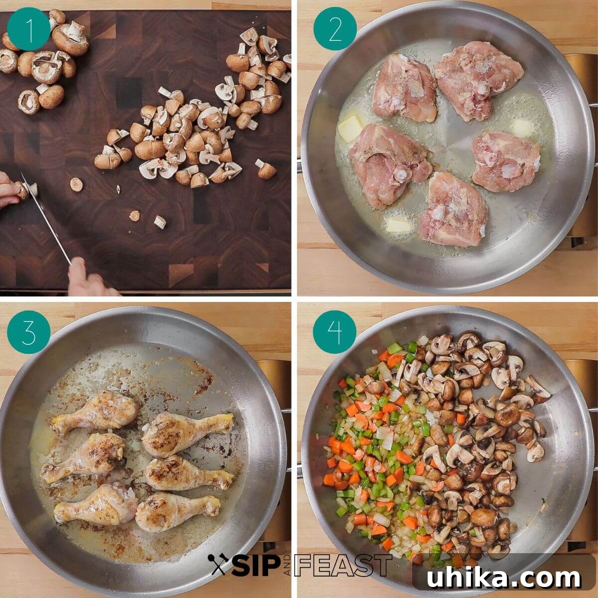 Velvety French Chicken Stew 4 Chicken fricassee recipe process shot collage group number one. Images showing chicken searing in a pan.
