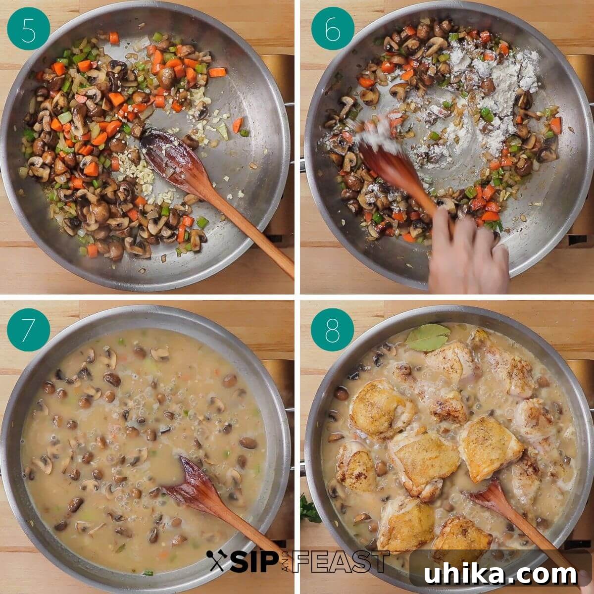 Velvety French Chicken Stew 5 Recipe process shot collage group number two. Images showing vegetables cooking and flour being added to the pan.