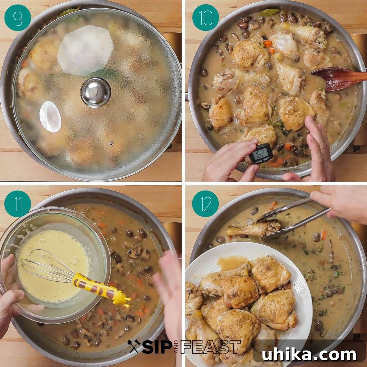 Velvety French Chicken Stew 6 Recipe process shot collage group number three. Images showing the chicken simmering and being checked for temperature.