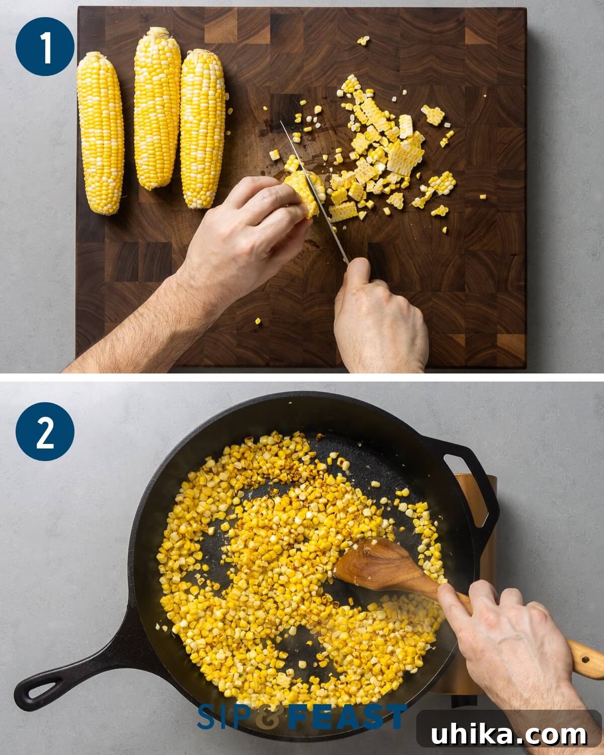 Esquites Corn Salad 4 A visual collage showing the first steps of preparing Mexican street corn salad, including cutting corn kernels off the cob and searing them in a cast iron pan.