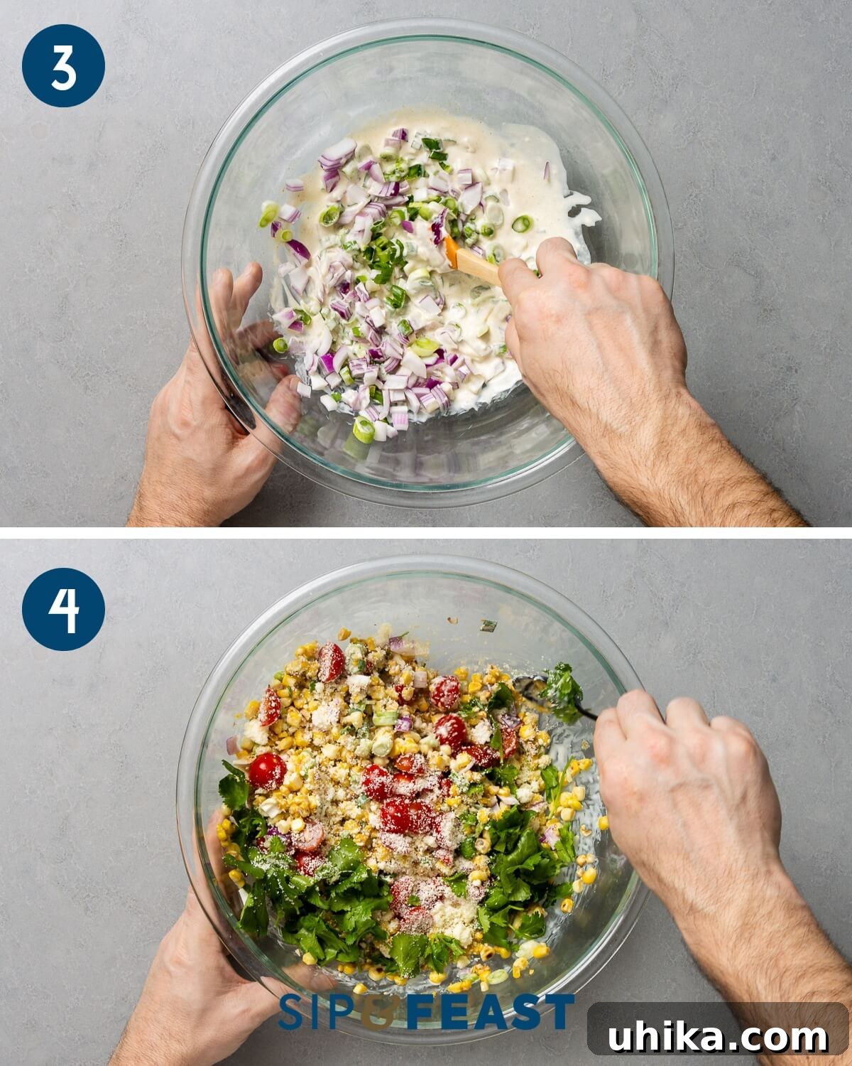 Esquites Corn Salad 5 A recipe collage showing the steps of mixing the creamy dressing and then combining all the fresh ingredients in a large bowl to form the Mexican street corn salad.