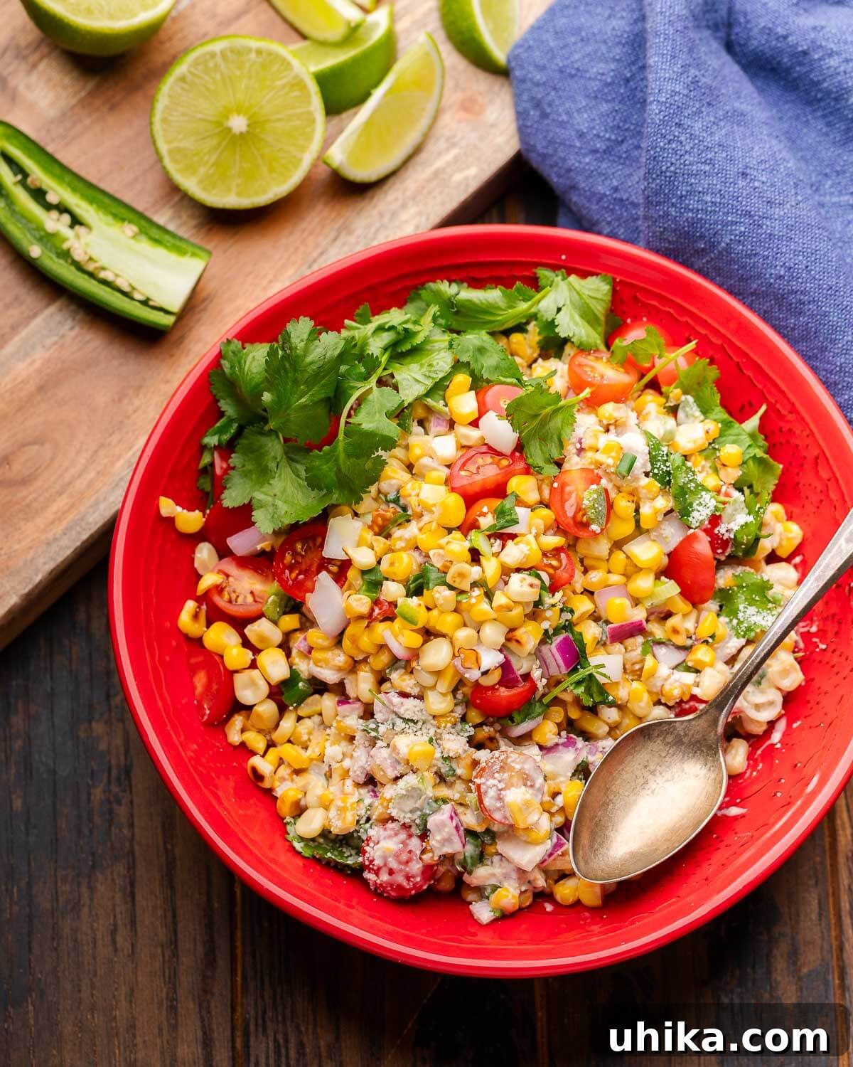 Esquites Corn Salad 6 A vibrant red bowl of Mexican street corn salad, elegantly placed on a blue napkin, with fresh limes and jalapeños arranged on a cutting board in the background.