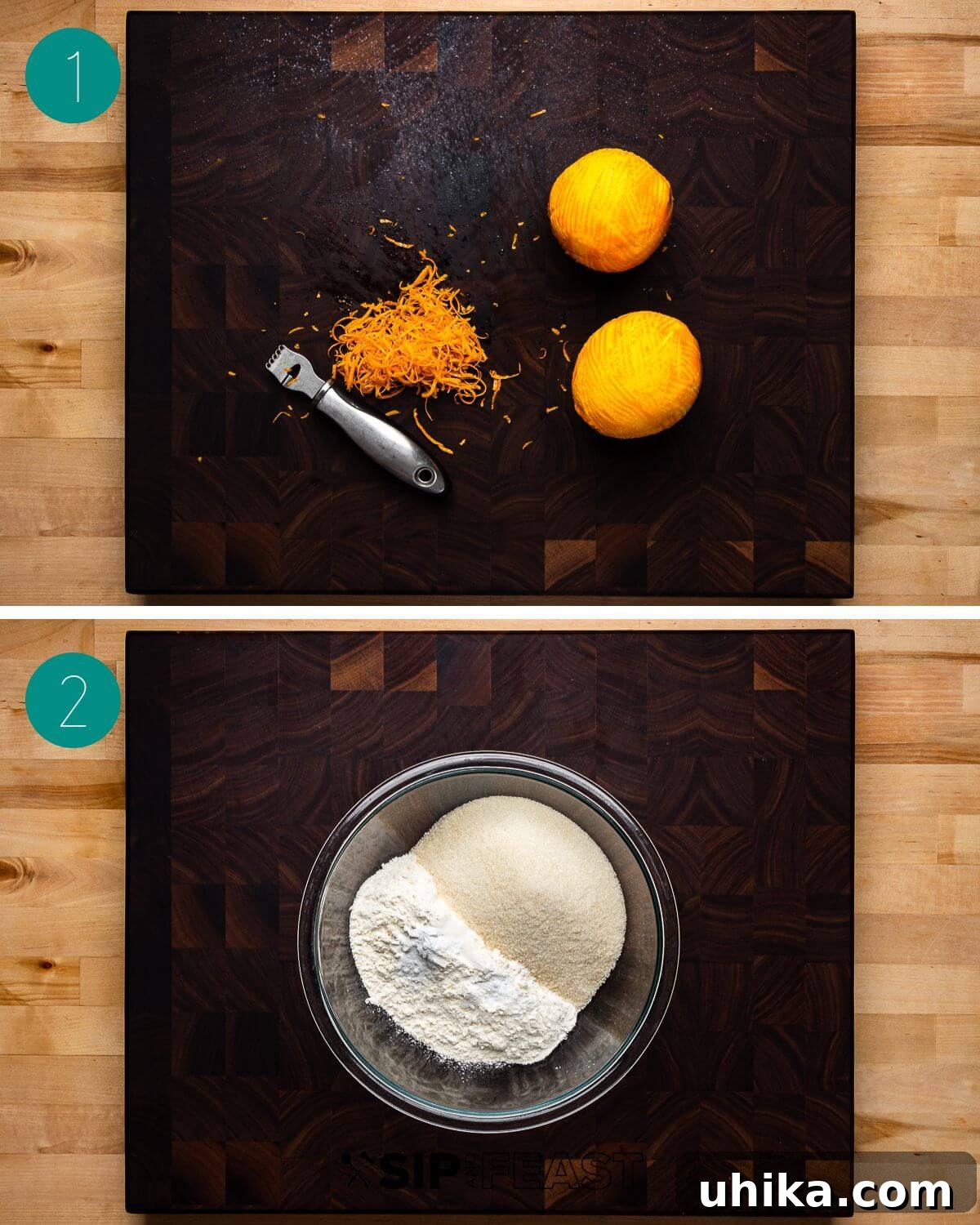 Orange olive oil cake recipe process shot collage group number one.