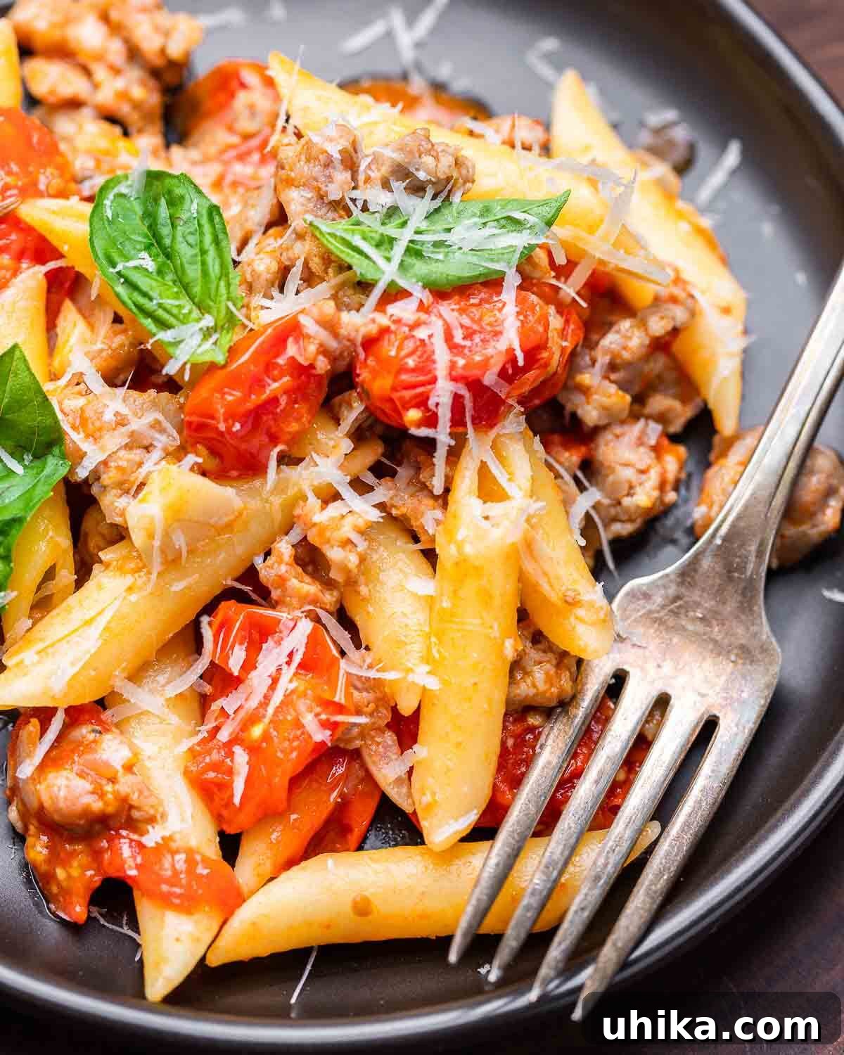 Closeup shot of a black plate filled with vibrant sausage cherry tomato pasta, garnished with fresh basil.