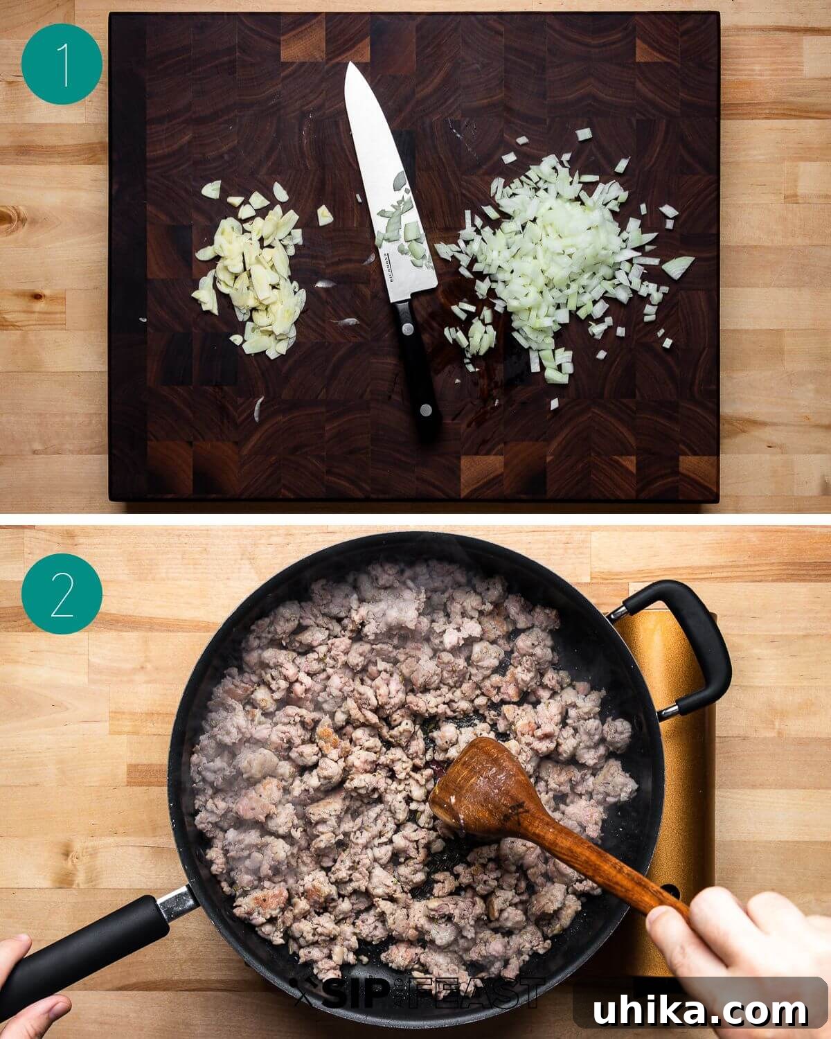 A process shot collage showing the first steps of making sausage cherry tomato pasta, including dicing onion and slicing garlic, then browning Italian sausage in a pan.