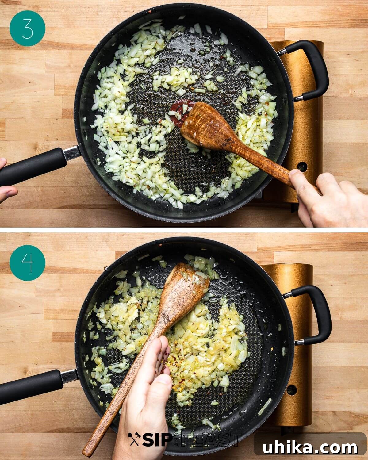 A process shot collage showing the second phase of making sausage cherry tomato pasta: sautéing onions and garlic, then adding crushed red pepper flakes.