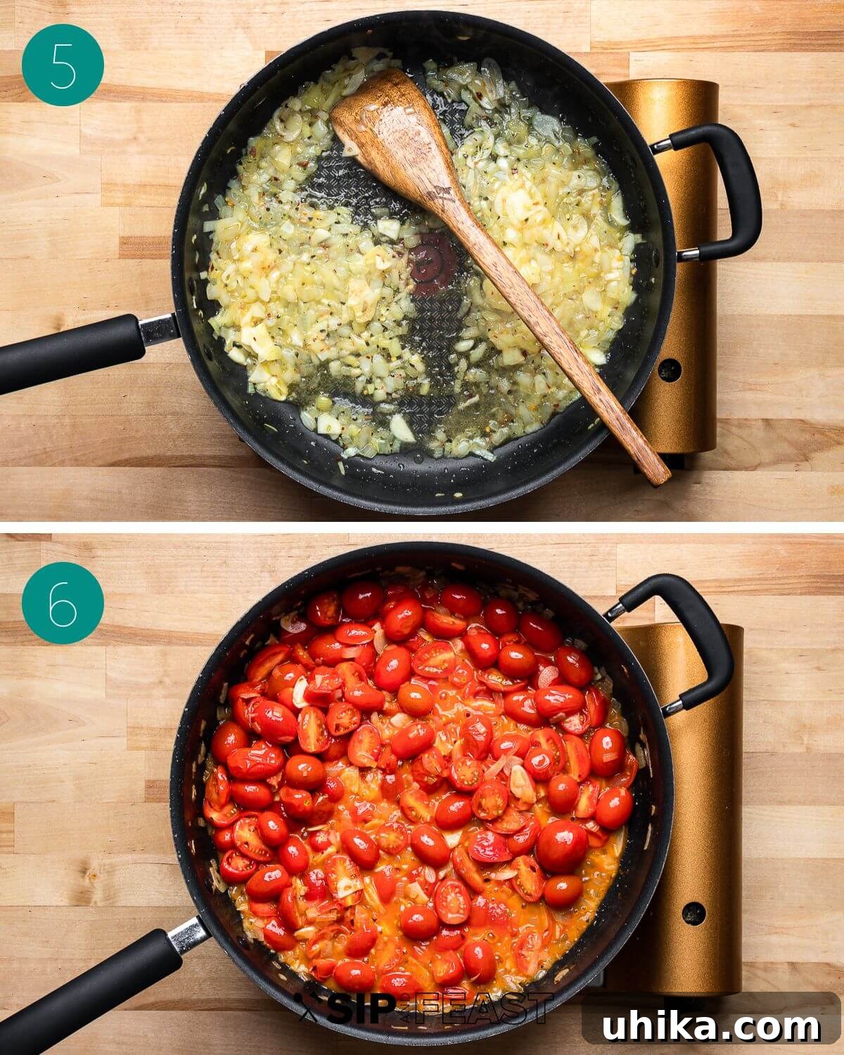 A process shot collage showing the third stage of preparing sausage cherry tomato pasta: adding white wine, cherry tomatoes, and cooking pasta, then simmering the sauce with sausage.