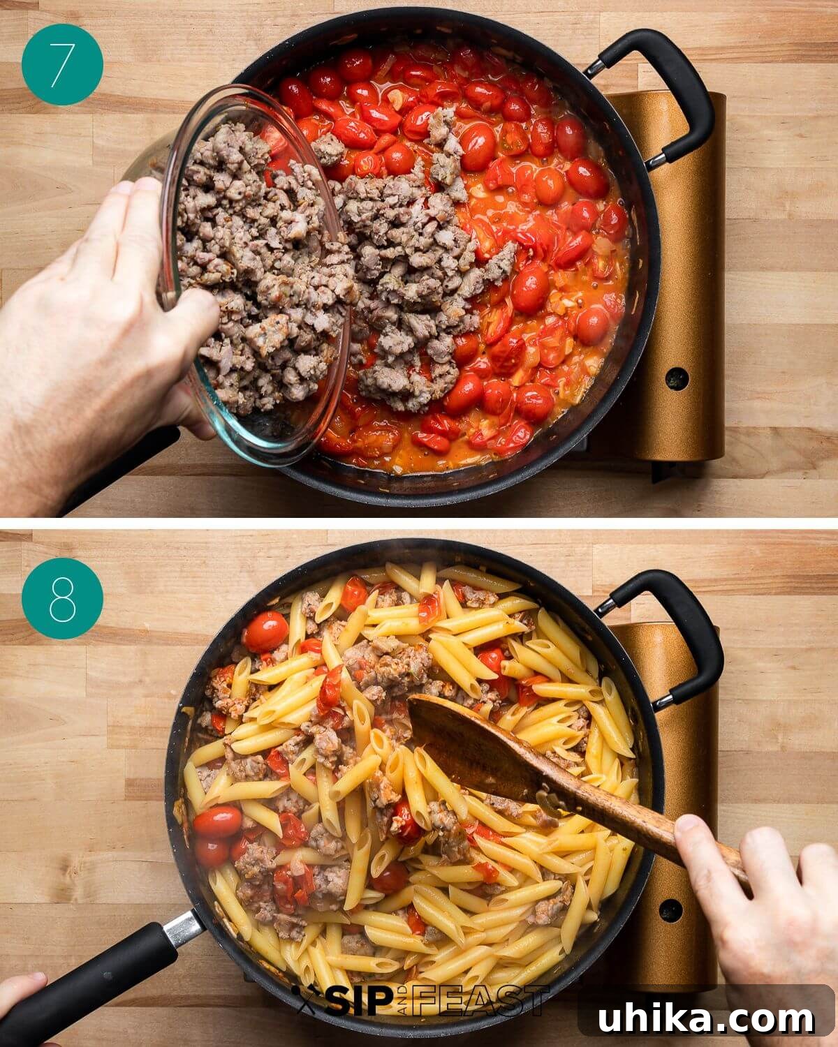 A process shot collage showing the fourth stage of the recipe: combining al dente pasta with the sauce, stirring, then mixing in Pecorino Romano cheese and pasta water.