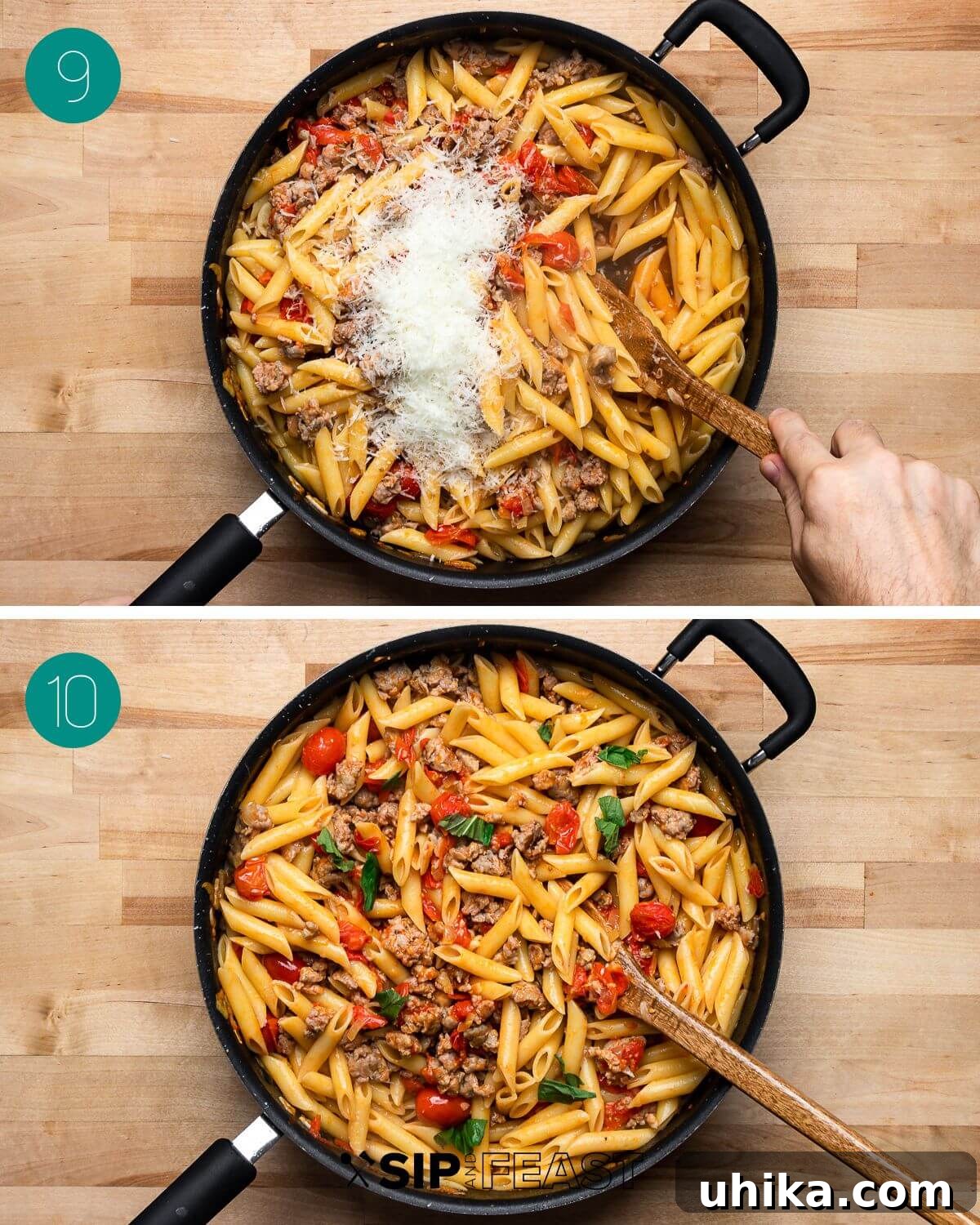A process shot collage showing the final steps: garnishing the sausage cherry tomato pasta with fresh basil and serving.