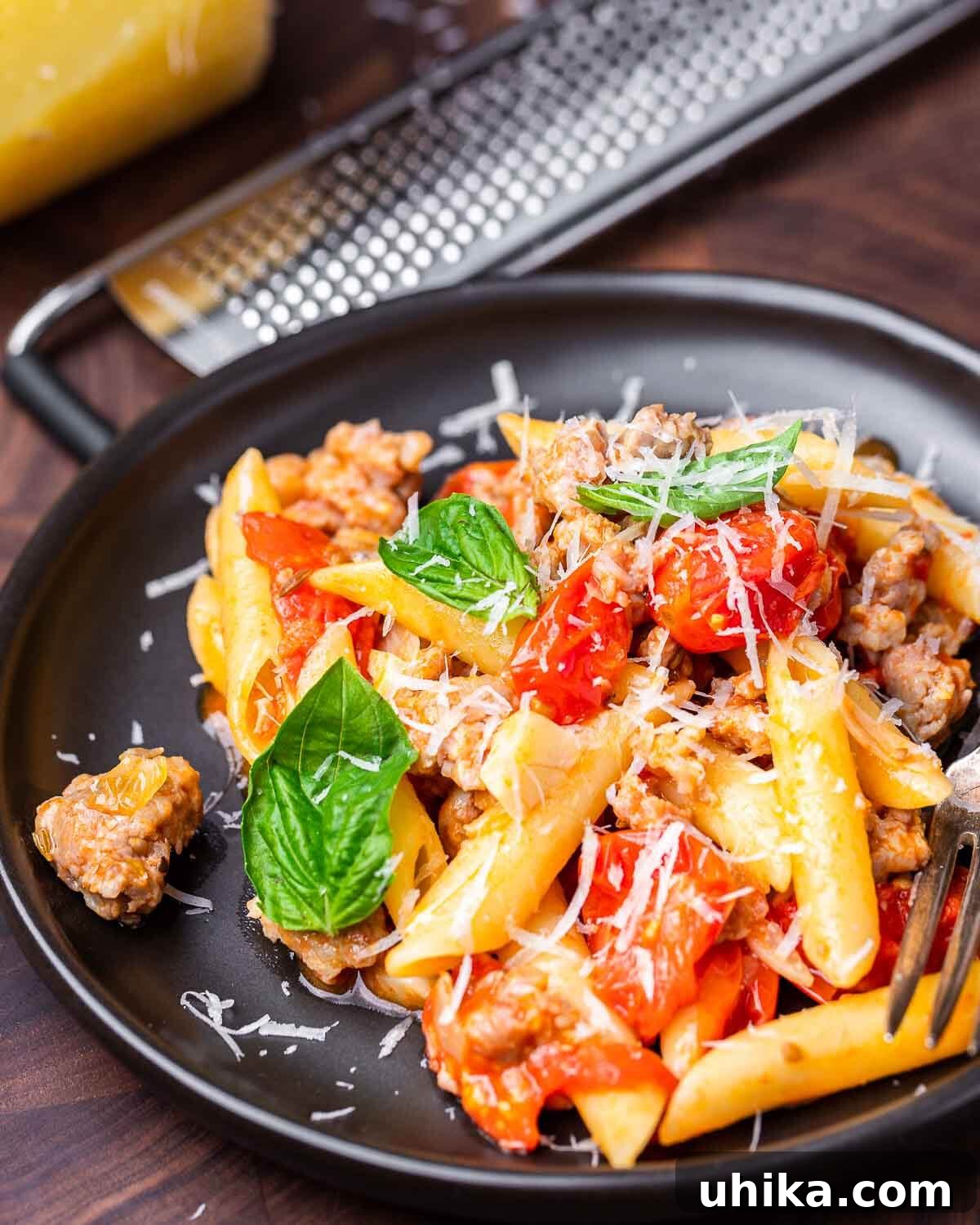 A black plate showcasing the delicious sausage cherry tomato pasta, with a cheese grater and more Pecorino Romano in the soft-focus background.