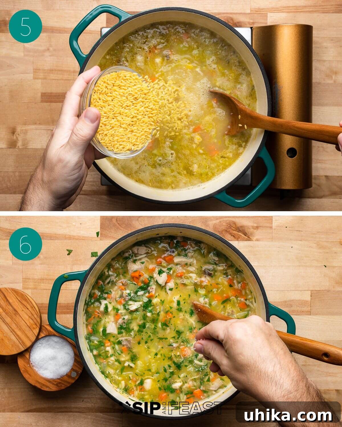 Bright Lemon Chicken Orzo Soup 8 Recipe process shot collage group number three.