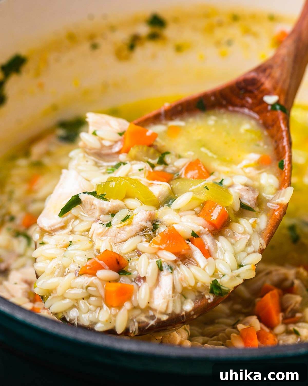 Bright Lemon Chicken Orzo Soup 9 Large wooden ladle holding lemon chicken orzo soup over pot.