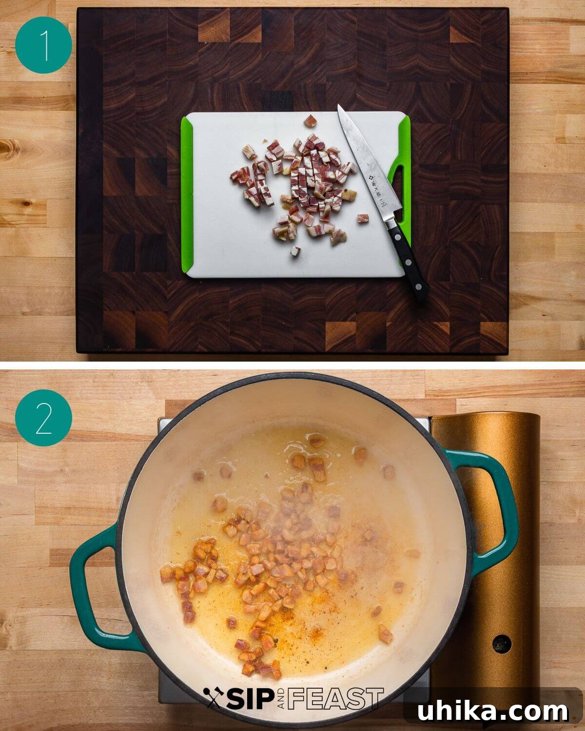 Rustic Tuscan White Bean Soup 5 A collage demonstrating the initial steps of making the soup: diced pancetta, followed by pancetta sizzling in olive oil in a large pot.