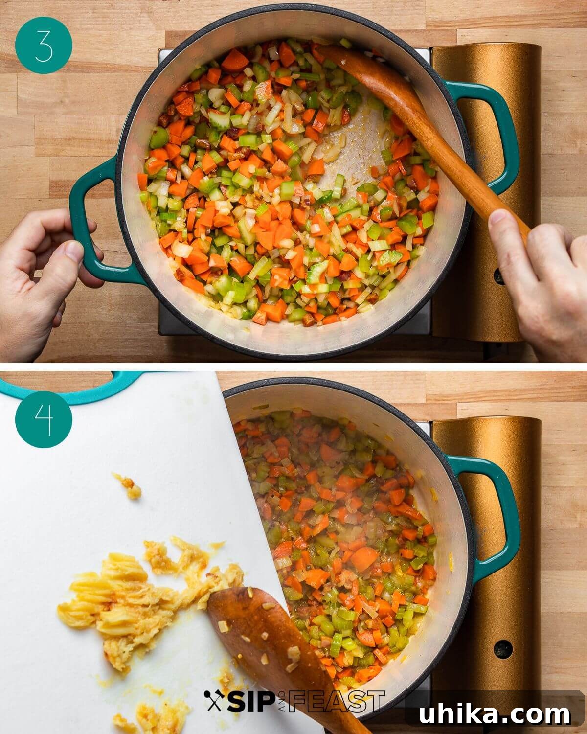 Rustic Tuscan White Bean Soup 6 A collage showing the softened carrots, celery, and onion in the pot, followed by the addition of the roasted garlic cloves.