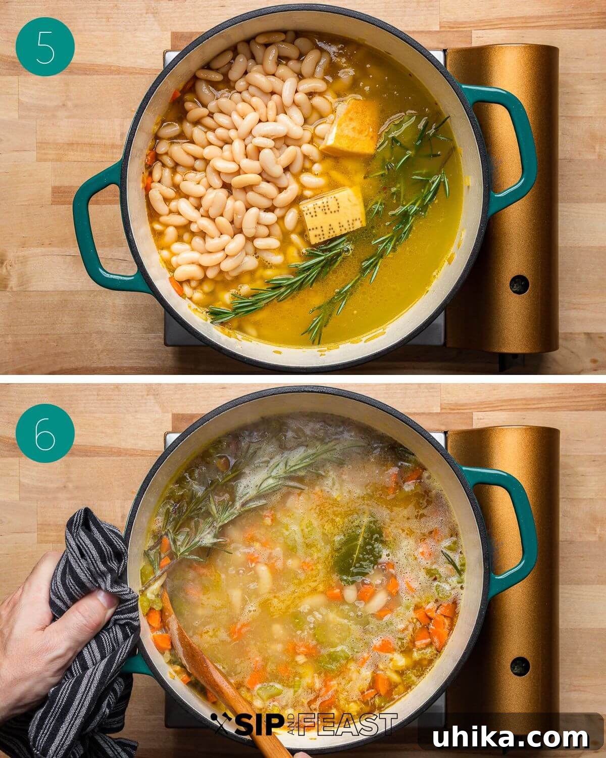 Rustic Tuscan White Bean Soup 7 A collage showing the addition of beans, stock, and rosemary to the pot, followed by the soup gently simmering on the stovetop.