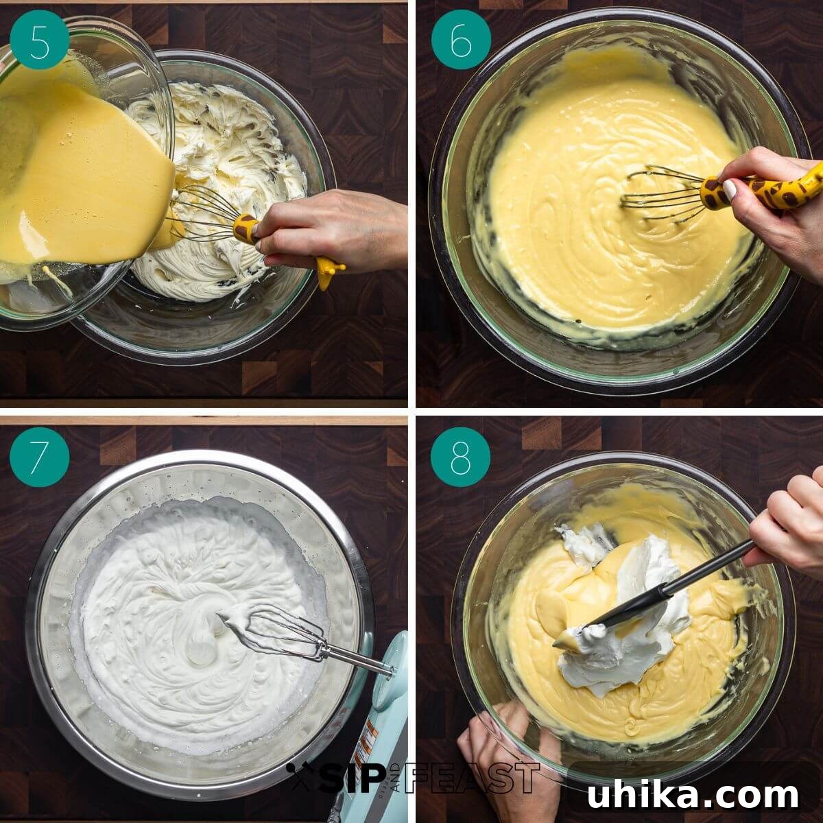 Tiramisu The Uplifting Dessert 5 A collage of three process shots showcasing the creation of the Tiramisu cream: the cooled zabaglione being added to the mascarpone, the mixture being gently combined, and fresh whipped cream being prepared.