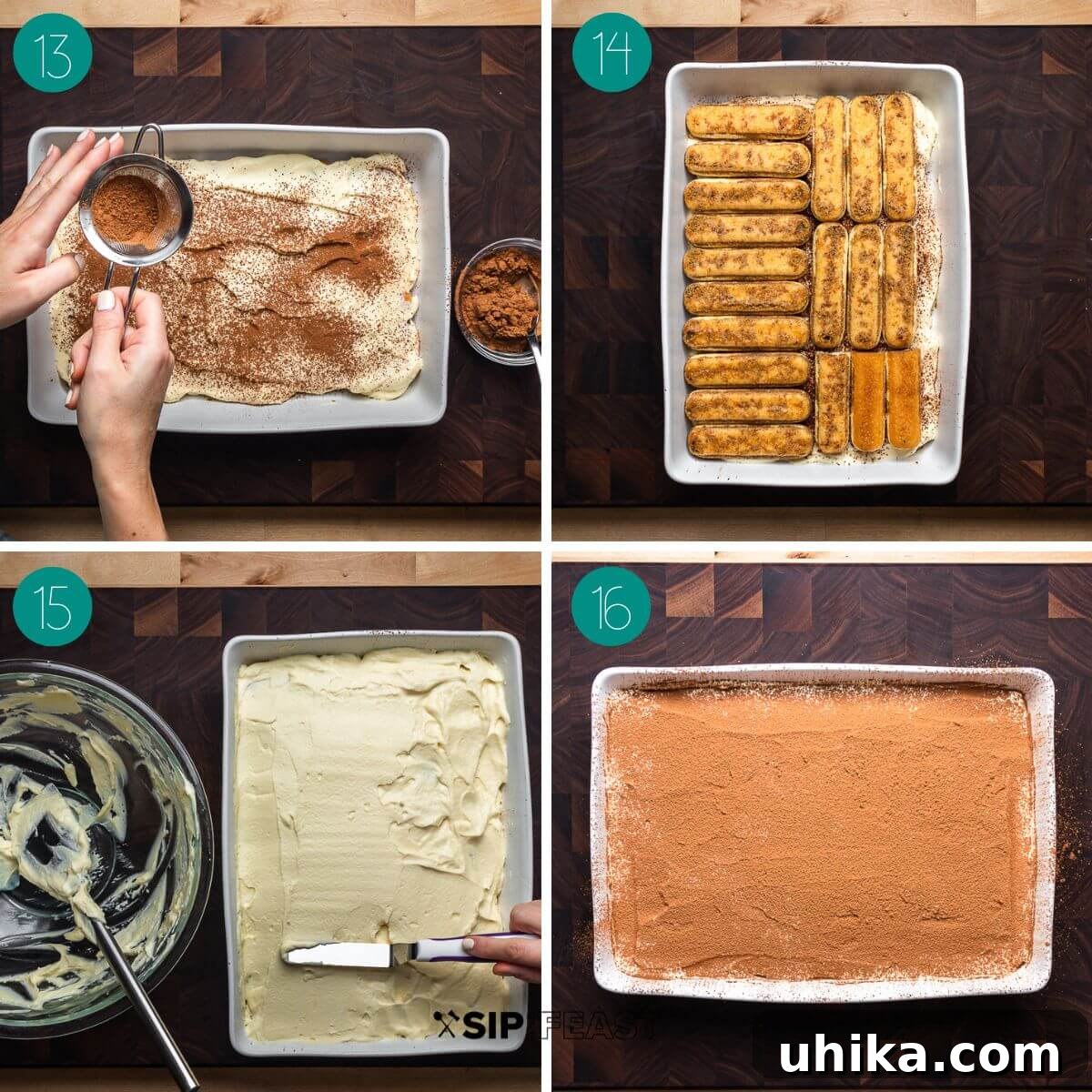 Tiramisu The Uplifting Dessert 7 A collage of three process shots detailing the assembly of Tiramisu layers: the first layer of cream and cocoa over dipped ladyfingers, the second layer of dipped ladyfingers being placed, and the final cream layer being smoothed.