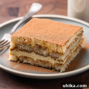 Tiramisu The Uplifting Dessert 10 A featured image of a beautiful Tiramisu ready to be served, showcasing its enticing layers and cocoa dusting.