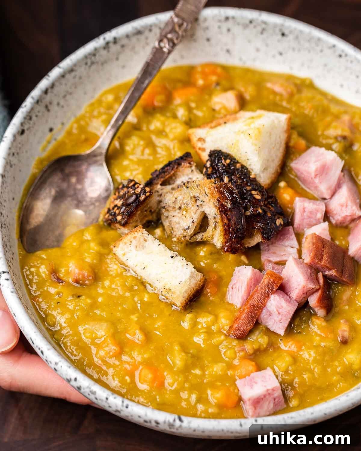 Hearty Smoked Ham and Split Pea Soup 2 Hands holding white bowl of split pea soup with ham and croutons.