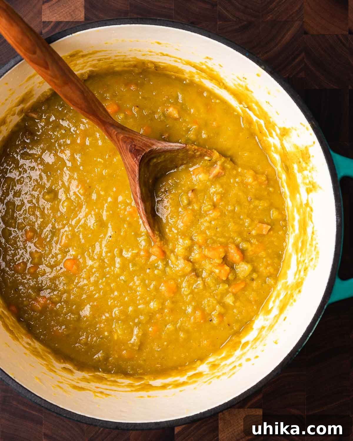 Hearty Smoked Ham and Split Pea Soup 6 Overhead shot of Dutch oven with split pea soup.