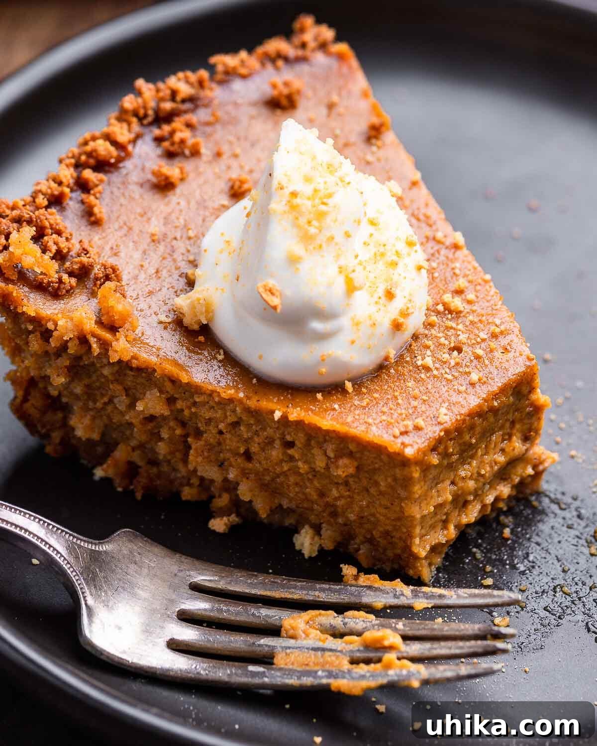 Amaretto Kissed Pumpkin Pie 2 A perfectly baked slice of Amaretto Pumpkin Pie with a bite taken out, showcasing the creamy filling, crisp amaretti crust, and a dollop of fluffy whipped cream, garnished with crushed cookies.