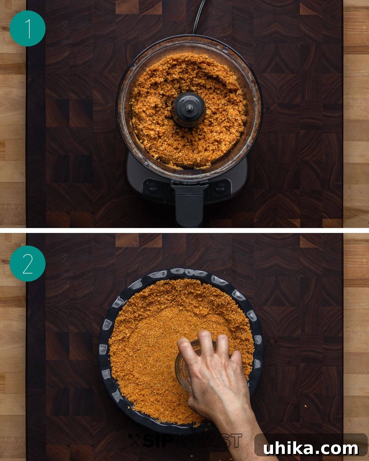 Amaretto Kissed Pumpkin Pie 4 Pumpkin pie recipe process shot collage showing amaretti cookies being ground, melted butter, and the mixed crust crumbs.