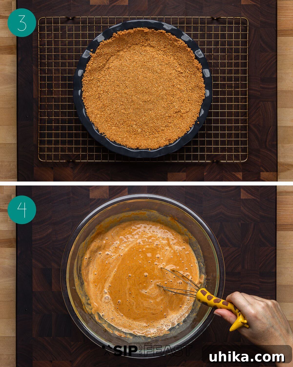 Amaretto Kissed Pumpkin Pie 5 Recipe process shot collage showing pumpkin pie filling ingredients being mixed in a bowl.