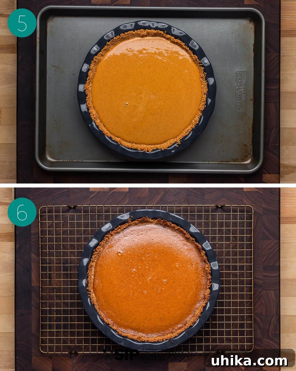Amaretto Kissed Pumpkin Pie 6 Recipe process shot collage showing pumpkin pie baking in the oven.