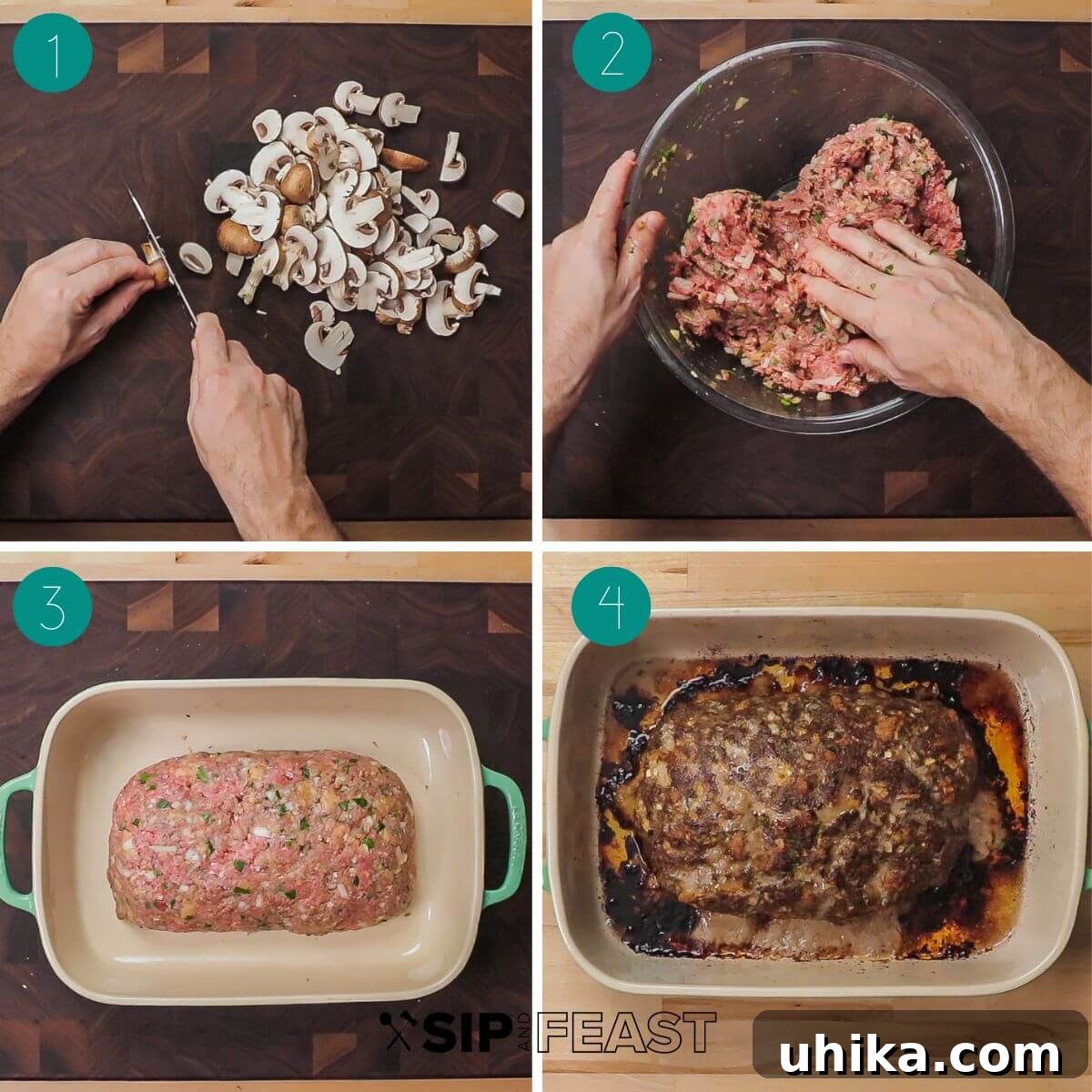 Ultimate Comfort Meatloaf with Rich Gravy 4 Meatloaf with brown gravy recipe process collage showing chopped mushrooms, mixing the meatloaf mix, uncooked meatloaf in a pan, and cooked meatloaf in pan.