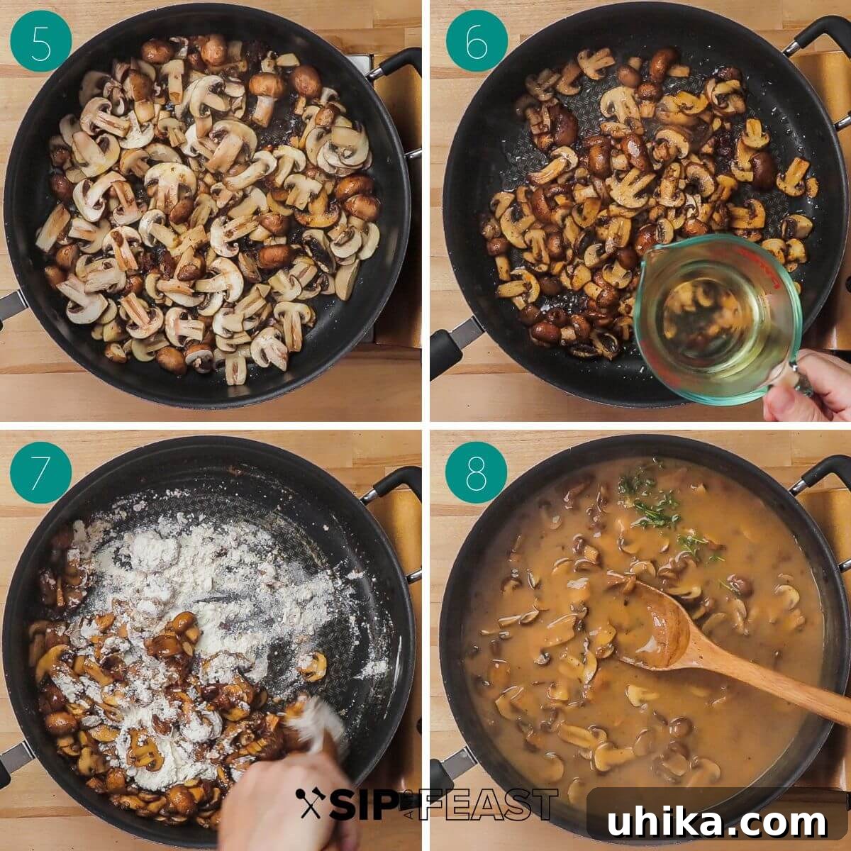 Ultimate Comfort Meatloaf with Rich Gravy 5 Recipe process collage showing raw mushrooms in a pan, cooked mushrooms with wine added, flour added to the pan, and the finished gravy.