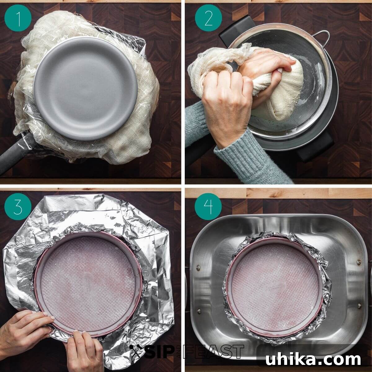 Nonna's Italian Cheesecake 4 A visual guide showing the initial steps of preparing an Italian cheesecake: 1) ricotta cheese being drained in a cheesecloth-lined sieve overnight, and 2) the cheesecloth being twisted to extract final moisture.