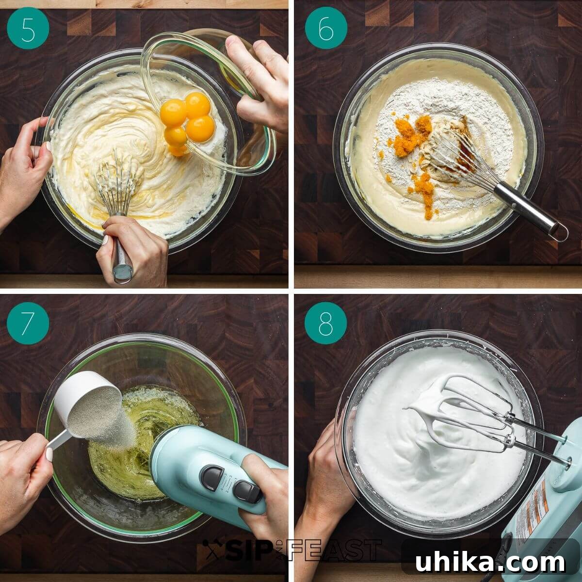 Nonna's Italian Cheesecake 5 A two-part collage showing the second stage of Italian cheesecake preparation: 1) The smooth ricotta and egg yolk mixture in a stand mixer, and 2) the incorporation of orange zest, flour, and vanilla into the batter.