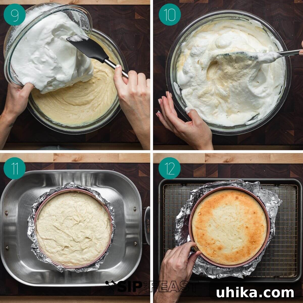Nonna's Italian Cheesecake 6 A visual sequence detailing the final stages of Italian cheesecake batter preparation: 1) Whipped egg whites showing medium-soft peaks, 2) gently folding the egg whites into the ricotta mixture, and 3) the completed, airy batter ready for baking.
