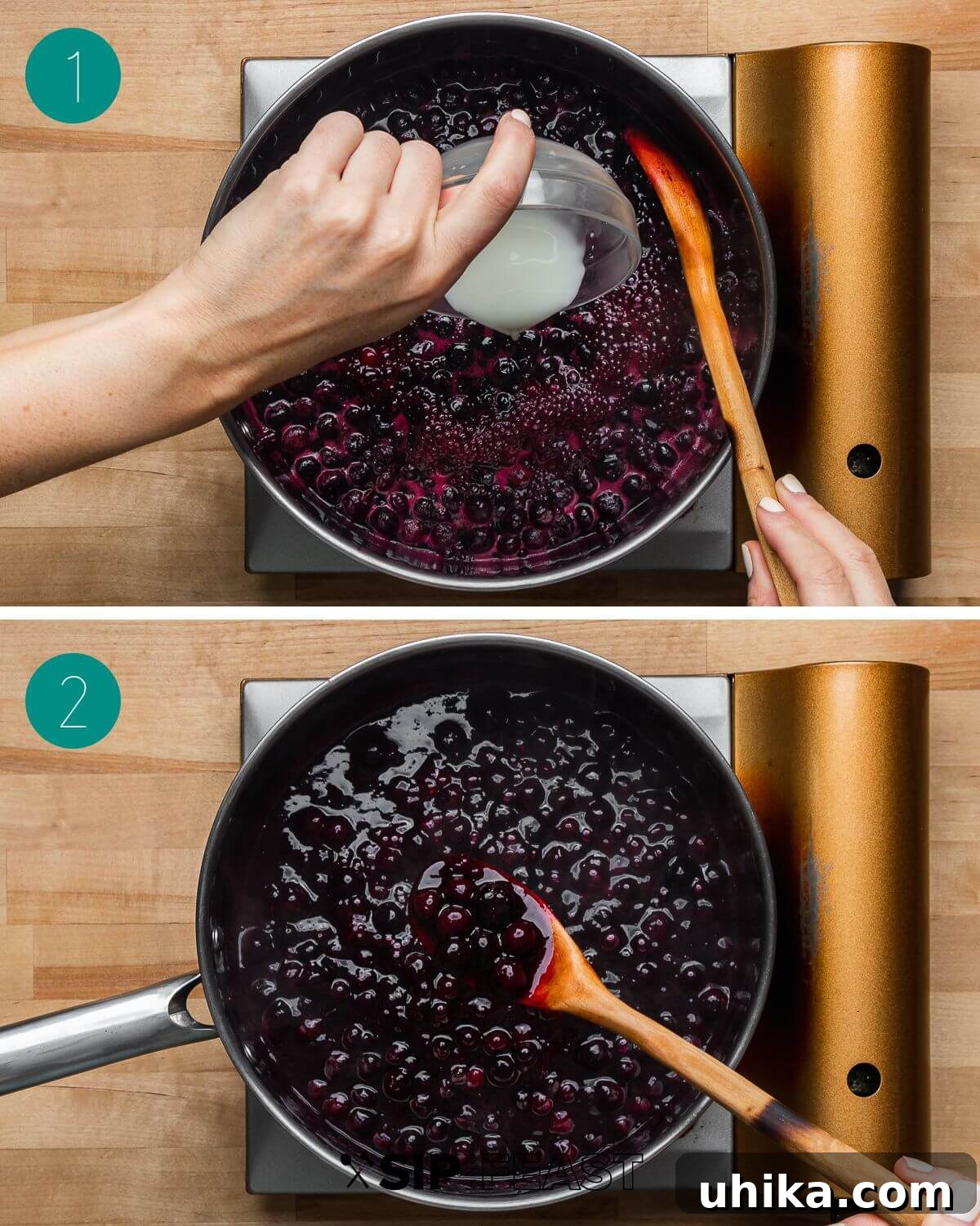 Nonna's Italian Cheesecake 7 A step-by-step visual guide showing the process of making lemon blueberry sauce: 1) Blueberries, water, sugar, and vanilla simmering in a saucepan, 2) adding the cornstarch slurry to thicken, and 3) the finished, vibrant sauce.