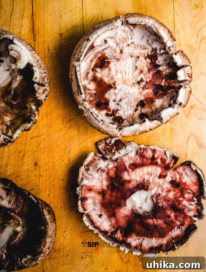 Prepared portobello mushrooms for stuffing. Cleaned portobello mushroom caps with gills and stems removed, ready for seasoning.