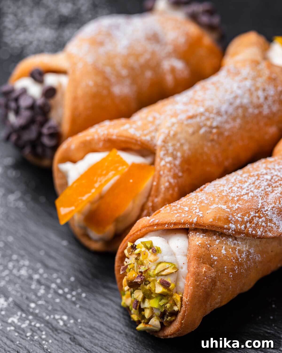 Cannoli Perfection 2 Exquisitely crafted cannoli adorned with chocolate chips, candied orange peel, and pistachios, presented on a dark slate surface, highlighting their inviting texture and vibrant toppings.