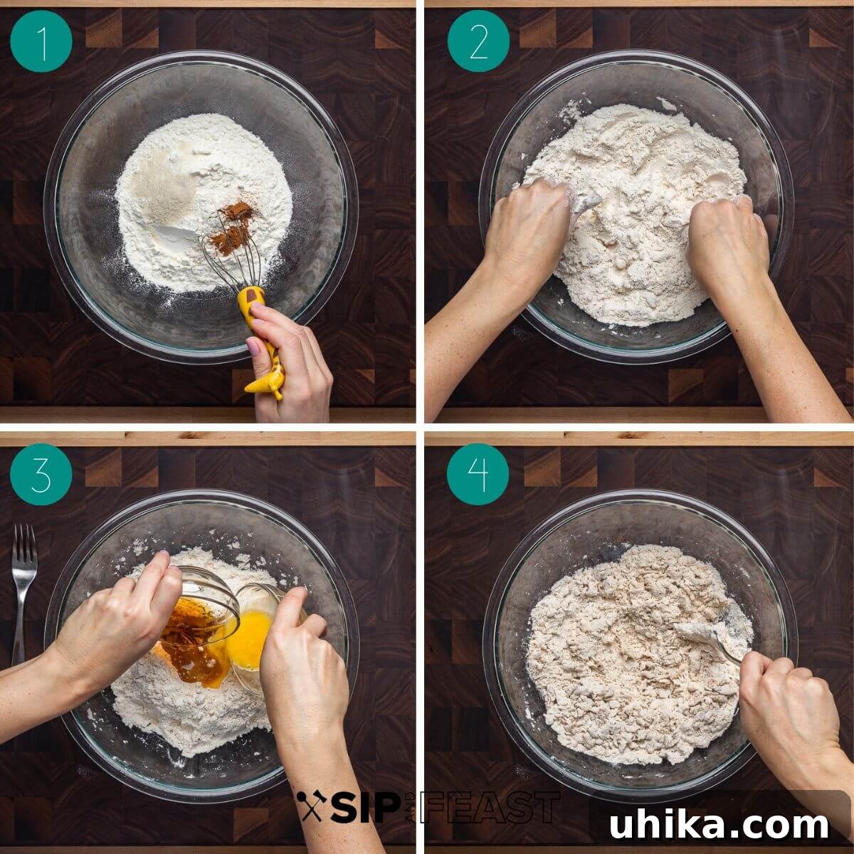 Cannoli Perfection 4 A collage showing the initial steps of the cannoli recipe: mixing dry ingredients, adding shortening, and forming a well for wet ingredients.