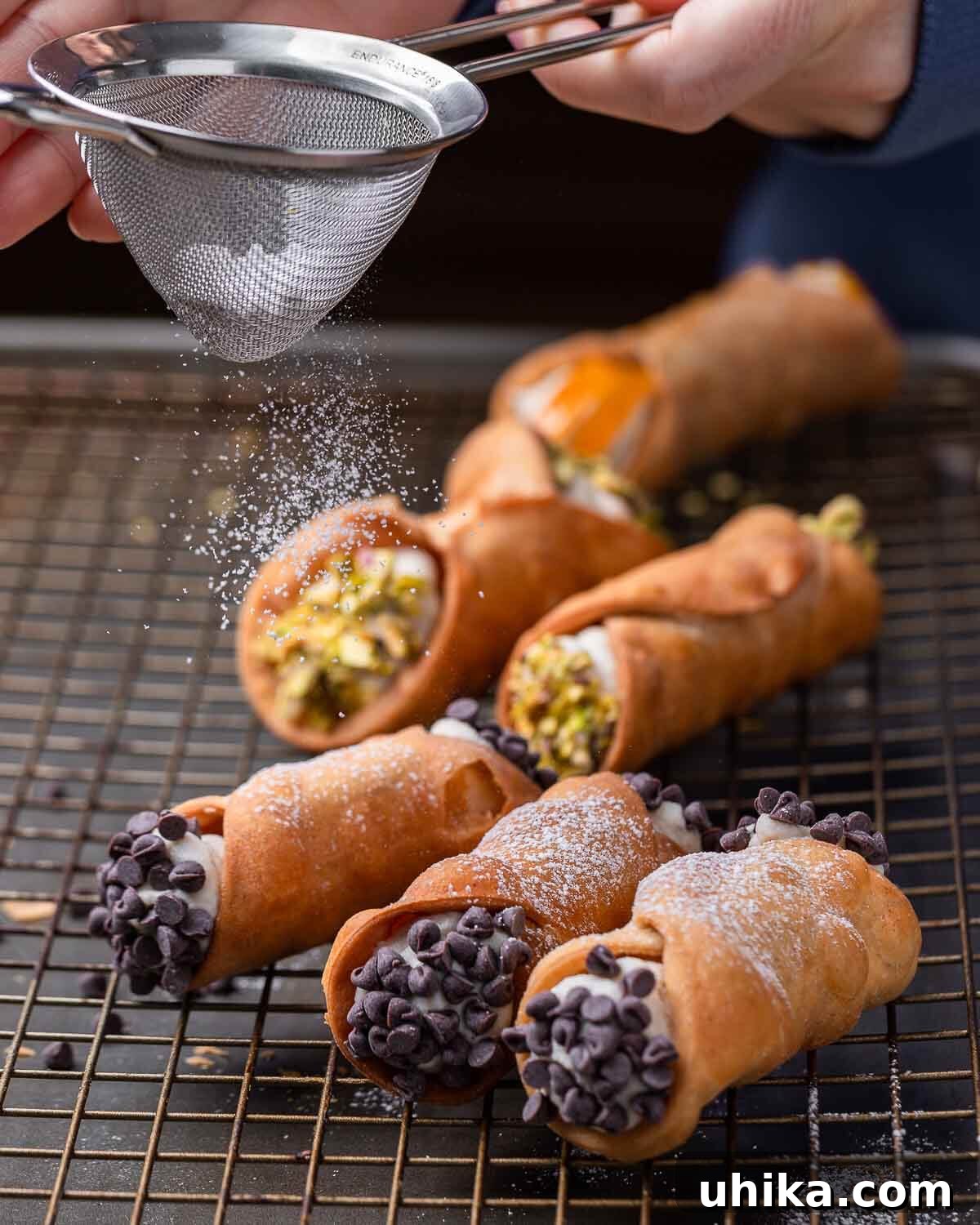 Cannoli Perfection 9 Hands delicately sifting powdered sugar over an assortment of freshly made cannoli, ready to be enjoyed.