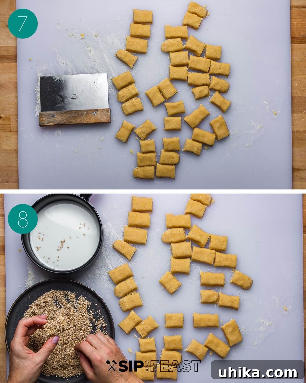 Crispy Sesame Delights 6 A collage of process shots showing the dough being rolled into ropes and cut into individual cookie pieces.
