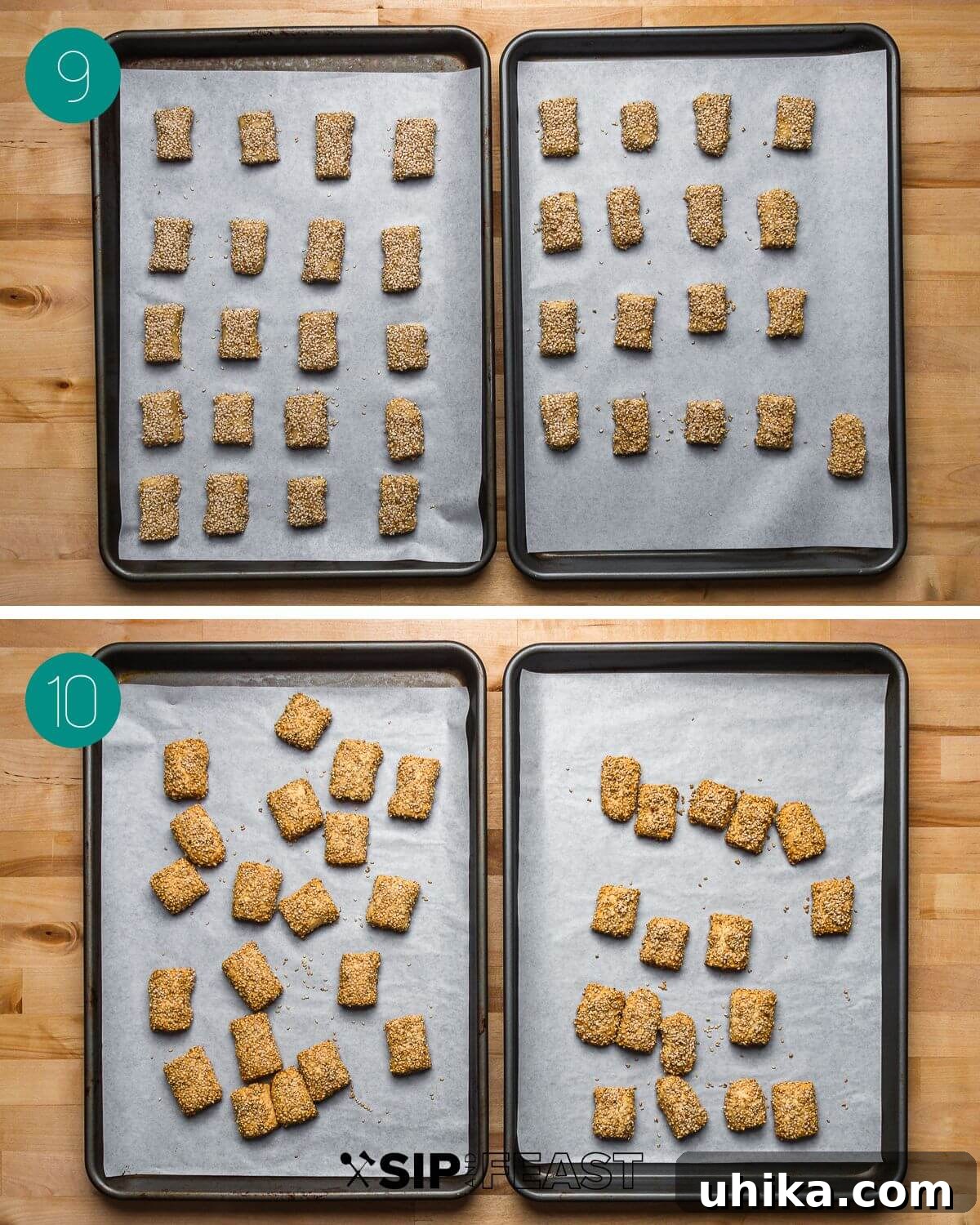 Crispy Sesame Delights 7 A collage of process shots showing the cookies being dipped in milk, coated in sesame seeds, and placed on a baking sheet.