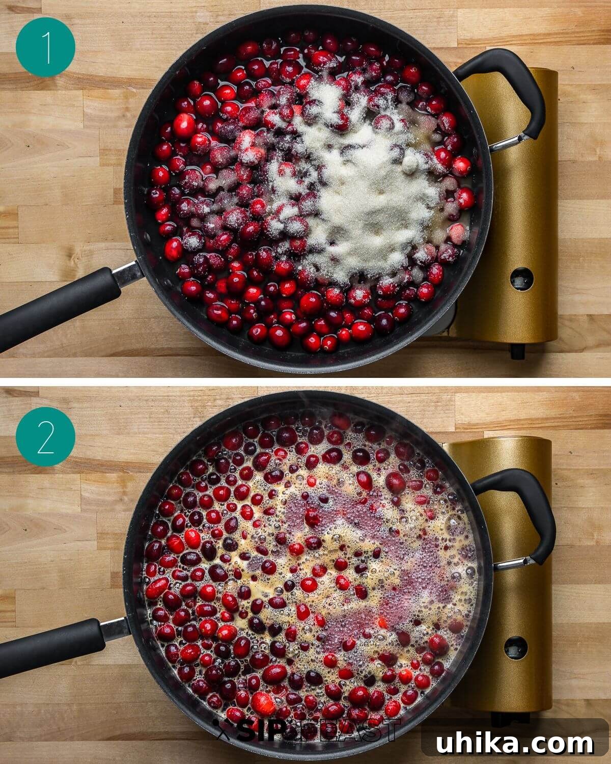 Ruby Red Cranberry Zing 4 Process shot showing cranberries, sugar, water, orange juice, and orange liqueur simmering in a saucepan on the stovetop.