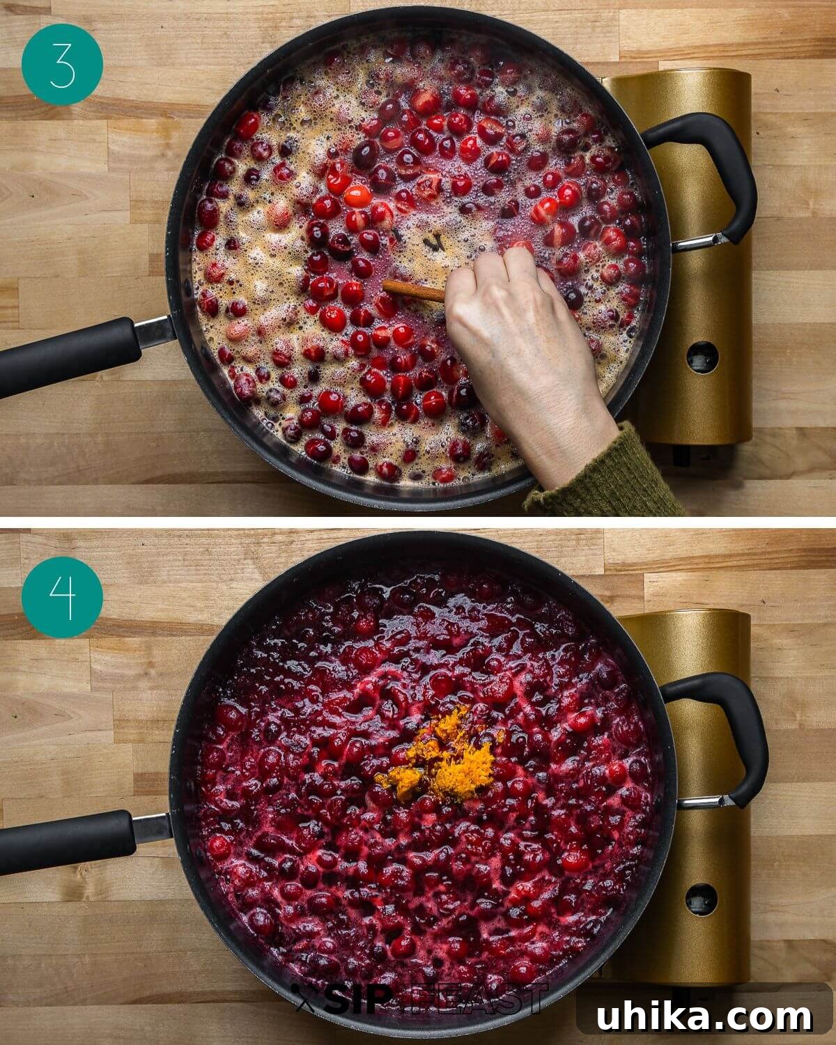 Ruby Red Cranberry Zing 5 Process shot showing hands adding a cinnamon stick and orange zest to the simmering cranberry sauce mixture.