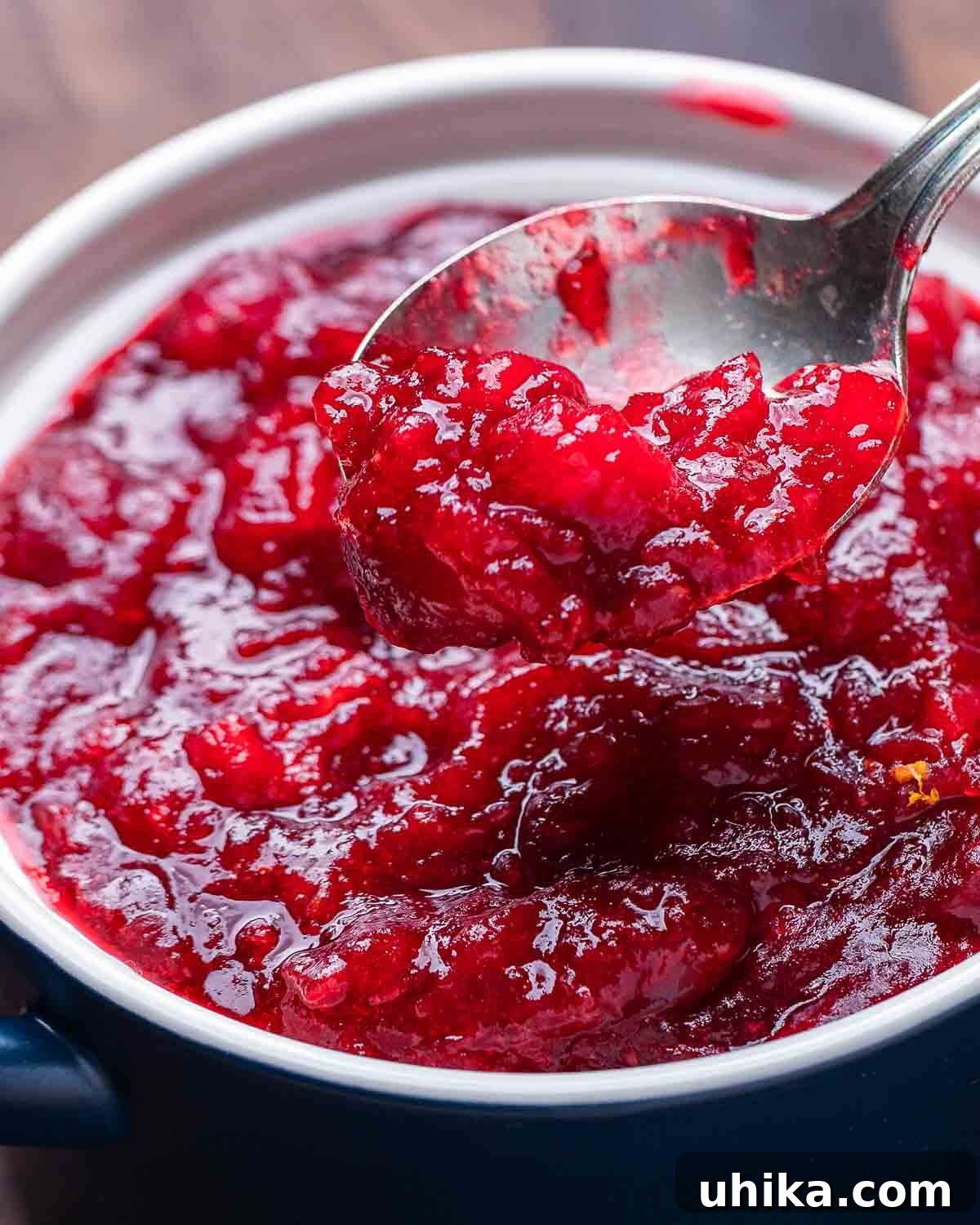 Ruby Red Cranberry Zing 6 A generous spoonful of homemade cranberry sauce resting over a blue bowl, showcasing its vibrant color and rich texture.